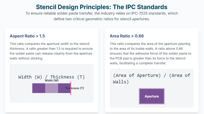 Explanation of the IPC-7525 stencil design principles, including the Aspect Ratio and Area Ratio, crucial for ensuring reliable solder paste transfer during PCB assembly.