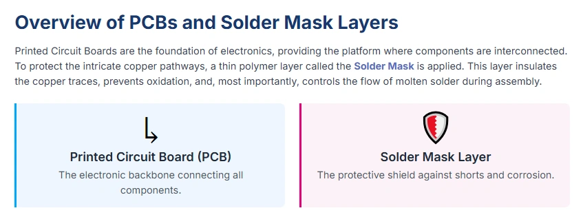 Overview graphic explaining PCB layers and the solder mask’s role in insulation, oxidation prevention, and solder control.
