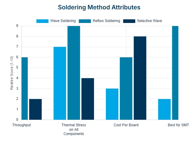 Comparison of wave, reflow, and selective wave soldering attributes. Comparative attributes of soldering methods: wave vs. reflow vs. selective wave.