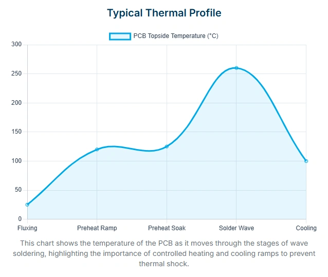Typical topside thermal profile for wave soldering. Typical thermal profile across wave soldering stages (topside temperature vs. time).