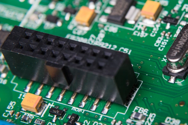 Close-up of multi-pin PCB connectors on a green circuit board, featuring surface-mount components like ceramic capacitors and integrated circuits with labels C155 and FB6.