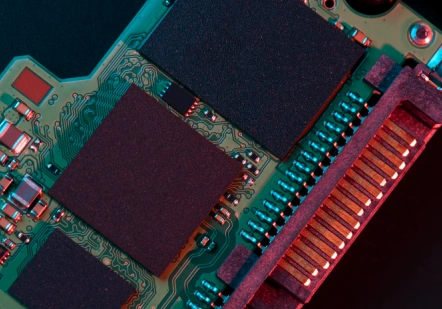 Printed circuit board assembly with large integrated circuits (ICs) and a gold-plated FPC connector, highlighting complex electronic components.