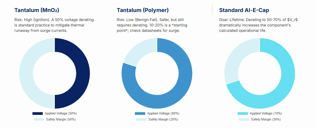 Donut charts comparing typical voltage derating: Tantalum (MnO₂) ≈50% applied, Polymer Tantalum ≈80–90% applied (10–20% margin, check surge), Standard Aluminum E-Cap ≈30–50% margin (operate at 50–70% of Vr for life). Values are illustrative and series-dependent.