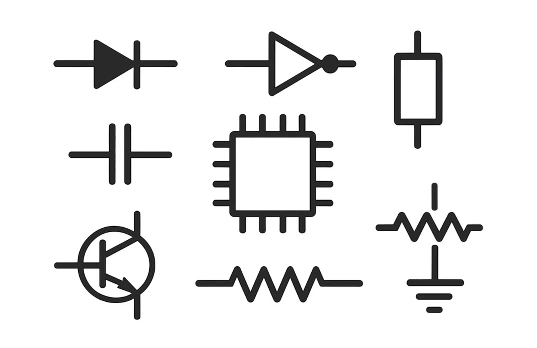Common schematic symbols including diode LED capacitor transistor IC resistor and ground