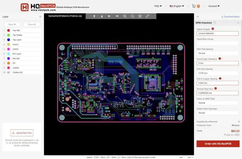 Screenshot of a Gerber file displaying a PCB design with vias, used for visualizing signal and power routing in PCB manufacturing.