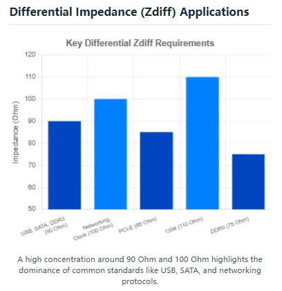 Graph showing the differential impedance requirements for various applications like USB, SATA, PCIe, and DDR, emphasizing the importance of controlled impedance.