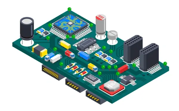 Illustration of a Class D amplifier circuit board with key components like MOSFETs and capacitors, showcasing its layout design.