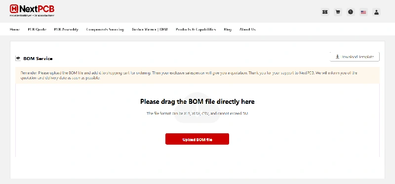 NextPCB BOM file upload interface, where users can directly drag and upload their BOM files for PCB manufacturing and sourcing.