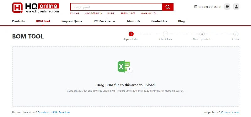 BOM tool upload interface on HQOnline website, allowing users to drag and upload BOM files for electronic component sourcing and PCB assembly.