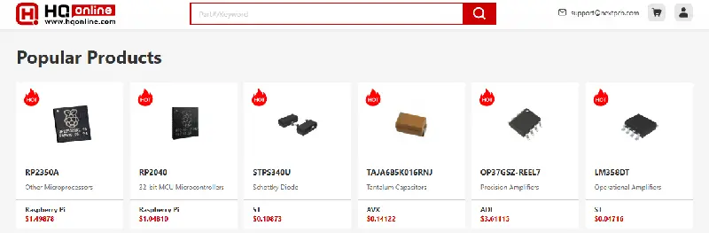 Popular products section on HQOnline website showcasing various electronic components including microprocessors, capacitors, and operational amplifiers.