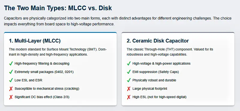 Comparison between Multi-Layer Capacitor (MLCC) and Ceramic Disk Capacitor, showing advantages and disadvantages of each type.