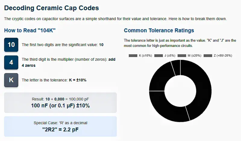 Illustration showing how to decode ceramic capacitor codes like '104K' with an explanation of the tolerance and value.