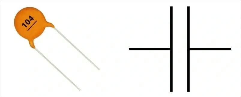 A ceramic capacitor (marked '104') alongside its electrical symbol, used to represent the component in circuit diagrams.