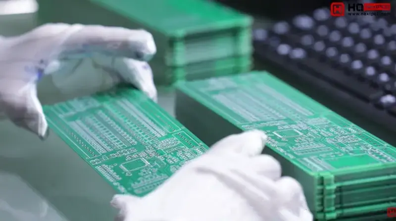 NextPCB technician handling green prototype PCBs, showing high-precision turnkey PCB fabrication and assembly quality control