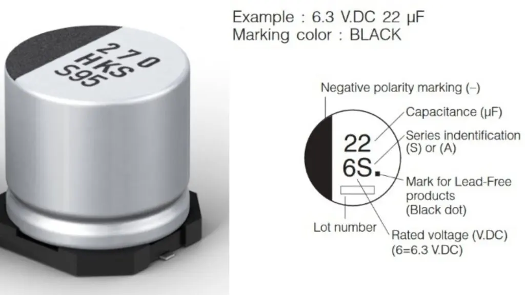 負の極性マーク、キャパシタンス（22 μF）、電圧定格（6.3V）、シリーズ識別子が明示された電解コンデンサのクローズアップ