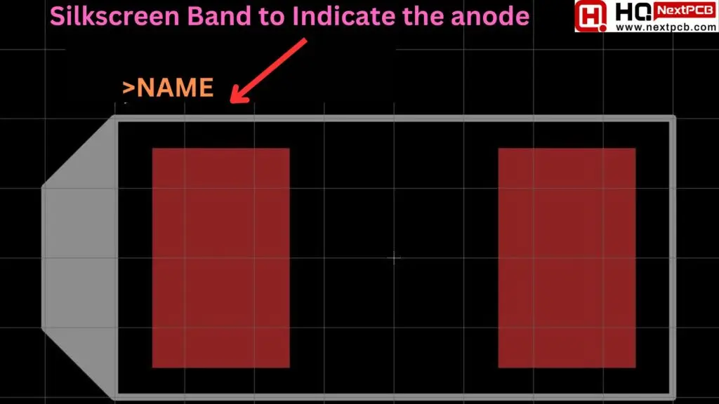 コンデンサの陽極側を示すPCBのシルクスクリーンバンド、インストール時の正しい極性を確保
