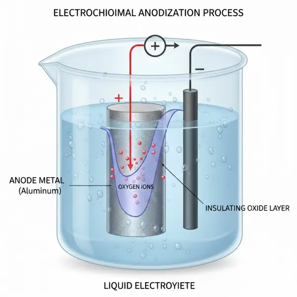 アルミニウム陽極が電解質液中で絶縁性酸化膜を形成する電気化学的陽極酸化プロセスの図