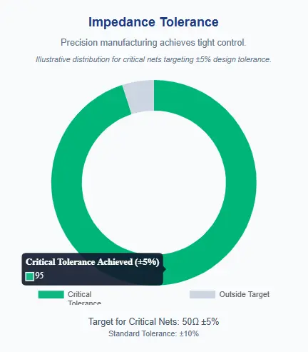 Donut chart showing NextPCB impedance tolerance for 50 ohm critical nets, with ±5 percent design target and ±10 percent standard manufacturing tolerance.