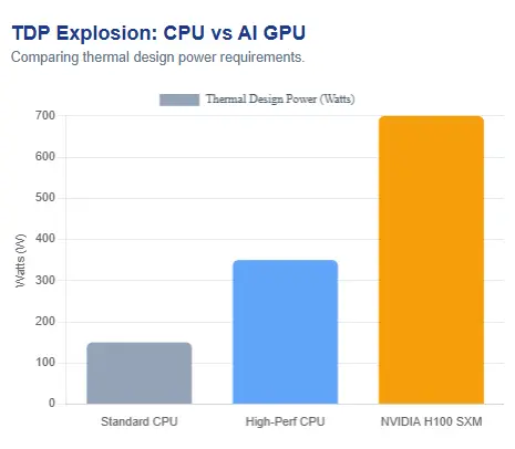 Bar chart comparing thermal design power of a standard CPU, a high-performance CPU and an NVIDIA H100 SXM AI GPU reaching 700 watts.