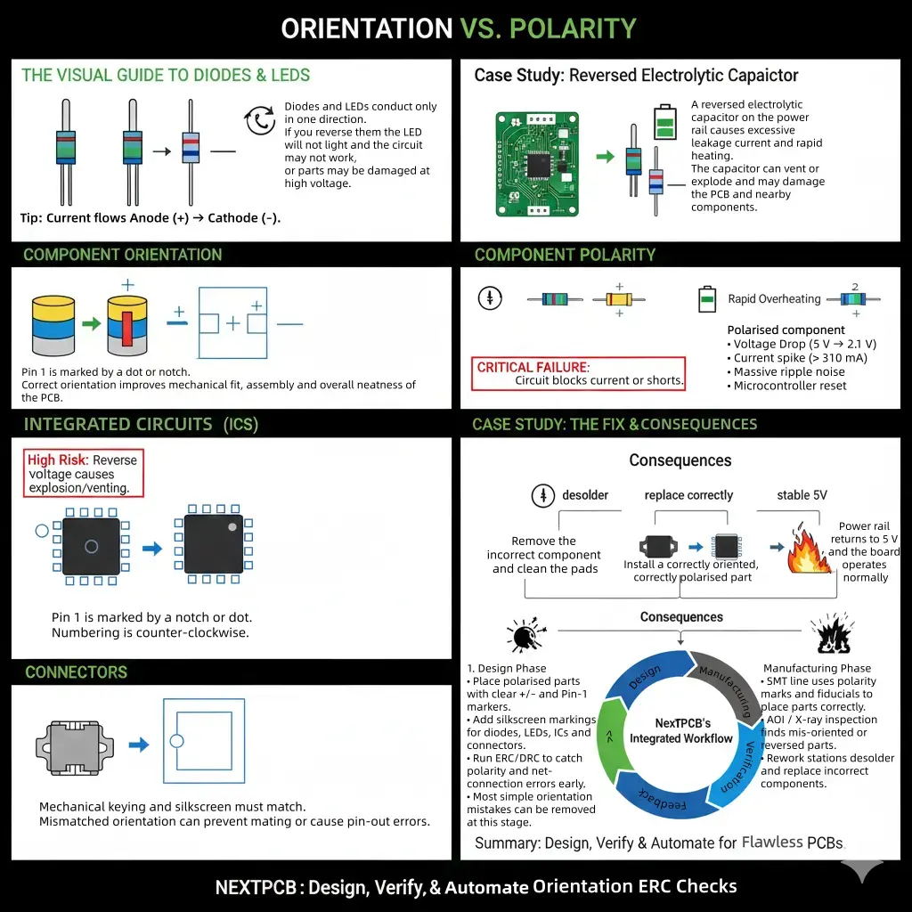 Orientation vs polarity infographic explaining markings for diodes, capacitors, ICs and connectors and the consequences of reversing components on a PCB