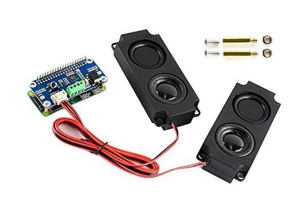 Raspberry Pi audio setup with speakers for audio signal amplification and processing in electronic projects.