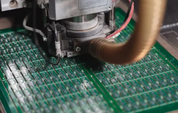 Close‑up of PCB panel showing depanelization features with V‑score and routed break tabs connecting two printed circuit boards.