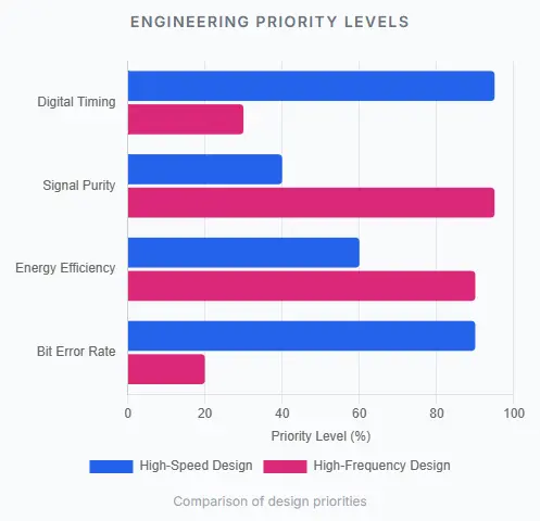 Comparison of High-Speed and High-Frequency Design Engineering Priority Levels, showing Digital Timing, Signal Purity, Energy Efficiency, and Bit Error Rate in different design contexts.