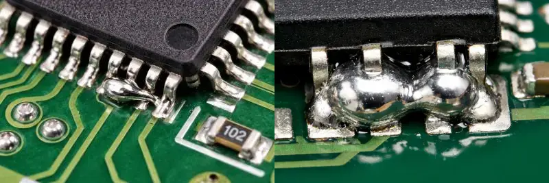 Close-up photo presenting faulty soldering on an SPI chip's pins: defective, grainy, and potentially cold solder joint