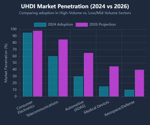 UHDI PCB market penetration comparison between 2024 and 2026 across consumer electronics, automotive, medical and aerospace sectors