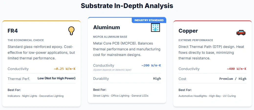 Comparison of FR4, Aluminum, and Copper PCB substrates for LED thermal performance. 