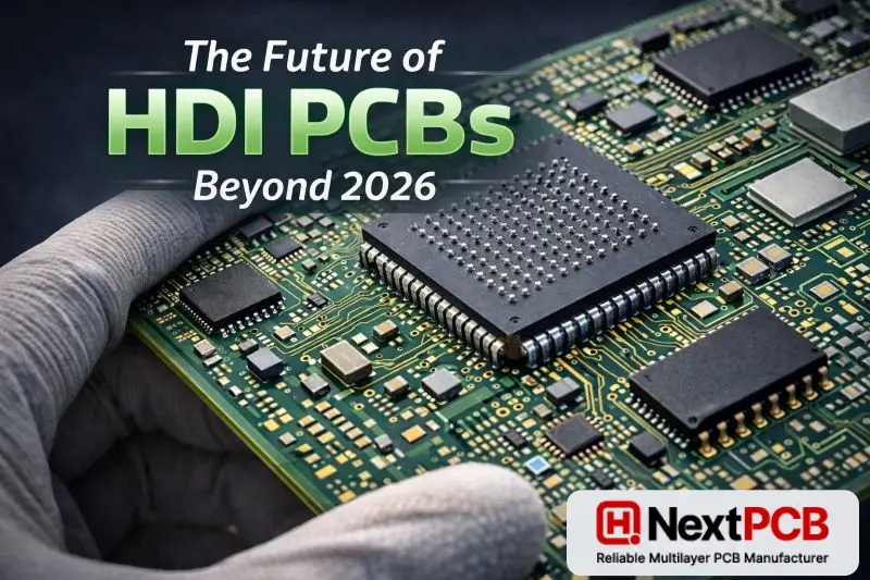 High-density interconnect HDI PCB with microvias and fine routing, held by an engineer, illustrating the future of HDI PCB technology beyond 2026.