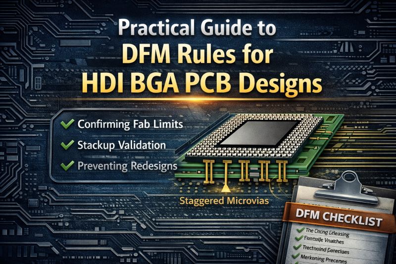 HDI BGA PCB design guide showing DFM rules, staggered microvias, stackup validation, and manufacturing checklist for high-density BGA layouts