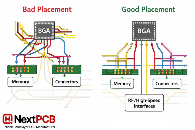 PCB layout illustration showing proper BGA escape routing with aligned signal paths versus poor routing with crossed and congested traces caused by incorrect BGA orientation