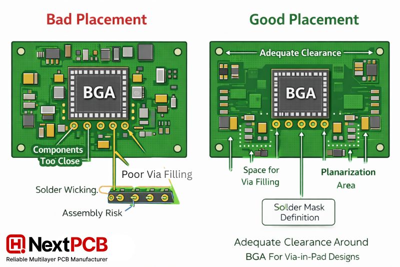 PCB layout showing bad via-in-pad BGA placement with crowded components causing solder wicking versus good placement with adequate clearance for via filling and planarization