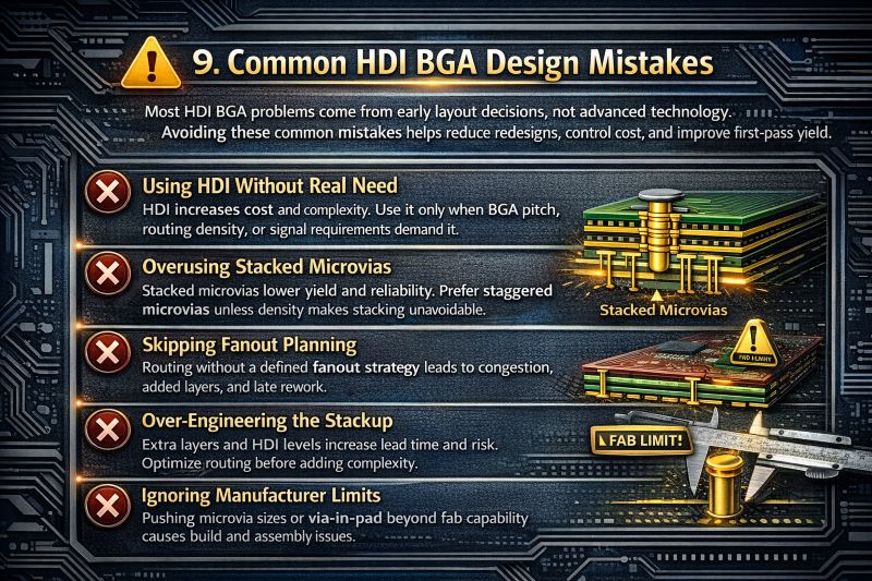 Infographic showing common HDI BGA PCB design mistakes such as unnecessary HDI use, stacked microvias, poor fanout planning, over-engineered stackups, and ignoring manufacturer limits