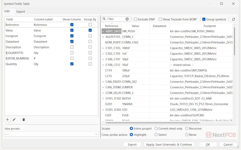 Export BOM from KiCad 9 Symbol Fields Table