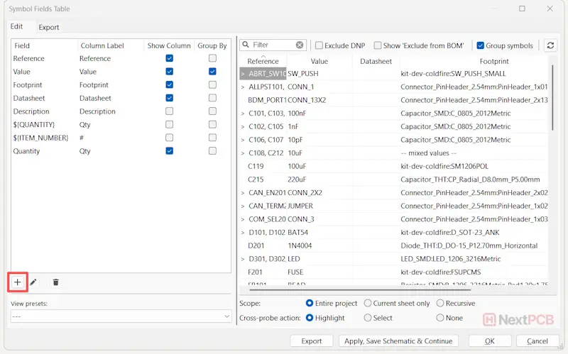 Export BOM from KiCad 9 Symbol Fields Table plus icon add custom field