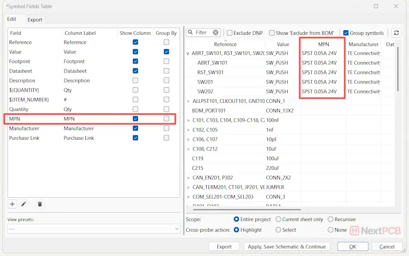 Export BOM from KiCad 9 Symbol Fields Table BOM fill in MPN