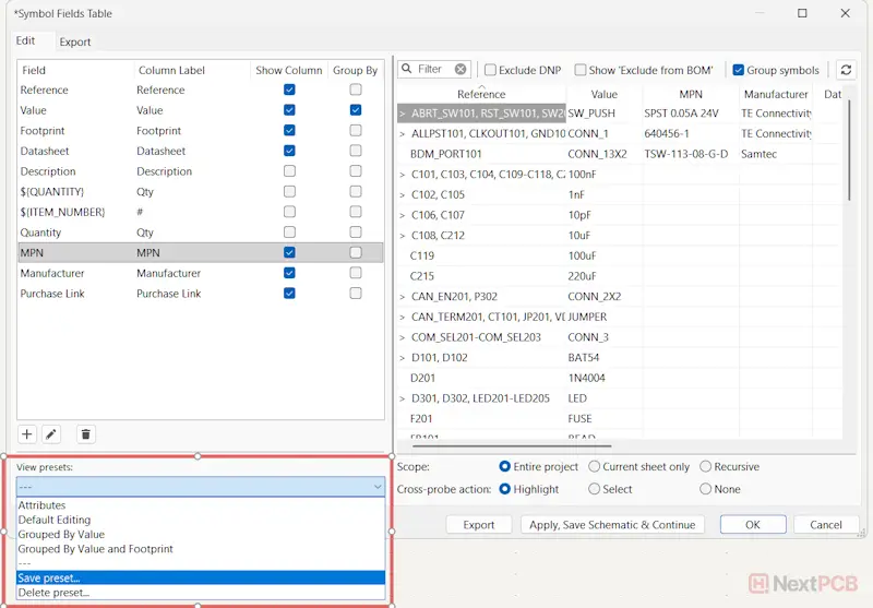 Export BOM from KiCad 9 Symbol Fields Table Save Preset