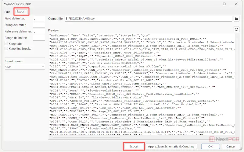 Export BOM from KiCad 9 Generate BOM files data format