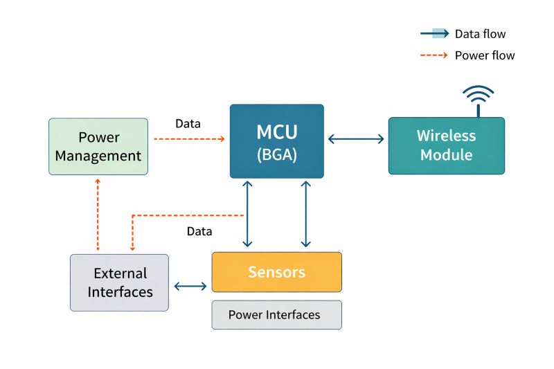 Block diagram showing MCU, wireless module, sensors, power management and external interfaces in IoT controller