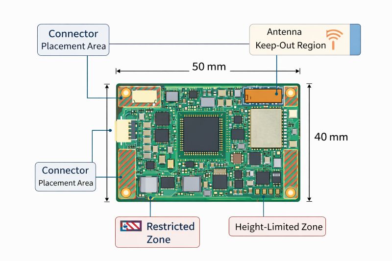 50mm by 40mm IoT PCB showing connector placement zones, antenna keep-out region and height restrictions