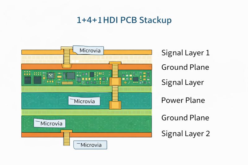Cross-section of 1+4+1 HDI PCB stackup showing signal layers, ground planes, power plane and microvias