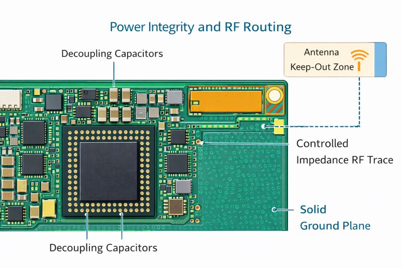 Controlled impedance RF trace with solid ground plane and decoupling capacitors in compact IoT PCB