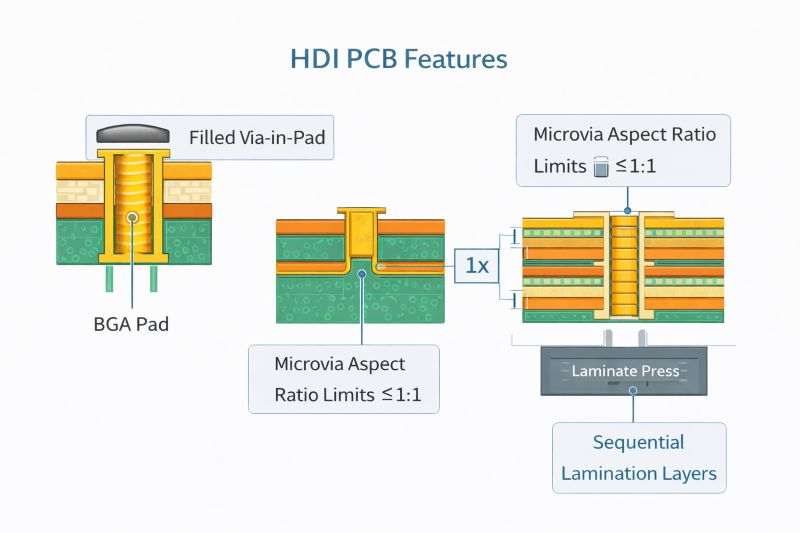HDI PCB cross-section showing filled via-in-pad, microvia aspect ratio limits and sequential lamination layers