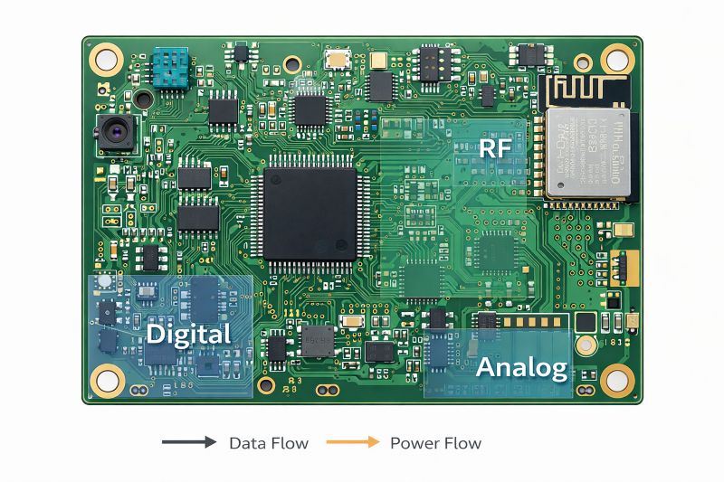 IoT PCB layout highlighting digital, RF, and analog zones with defined data and power flow paths
