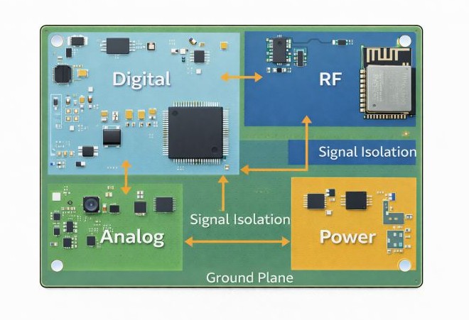 IoT PCB layout showing signal isolation between digital, RF, analog, and power sections with continuous ground plane