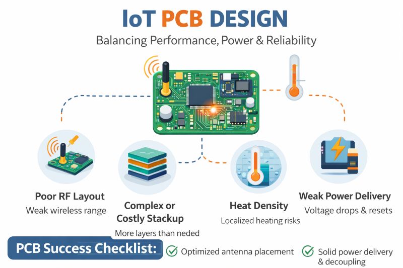 Infographic showing IoT PCB design challenges including RF layout, stackup complexity, heat density, and power delivery issues