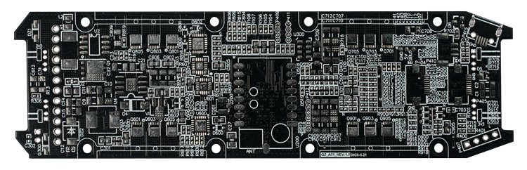 High-precision automotive ECU PCB with complex black solder mask and dense components.