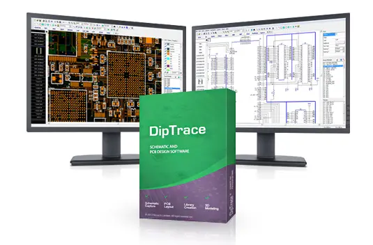 DipTrace PCB design software retail box in front of two monitors showing schematics